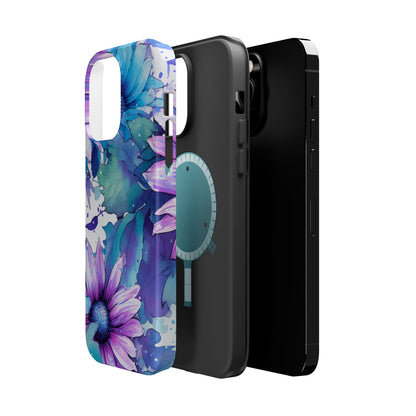 Purple & Teal Watercolor Floral MagSafe iPhone Case - Artistic Flower Design