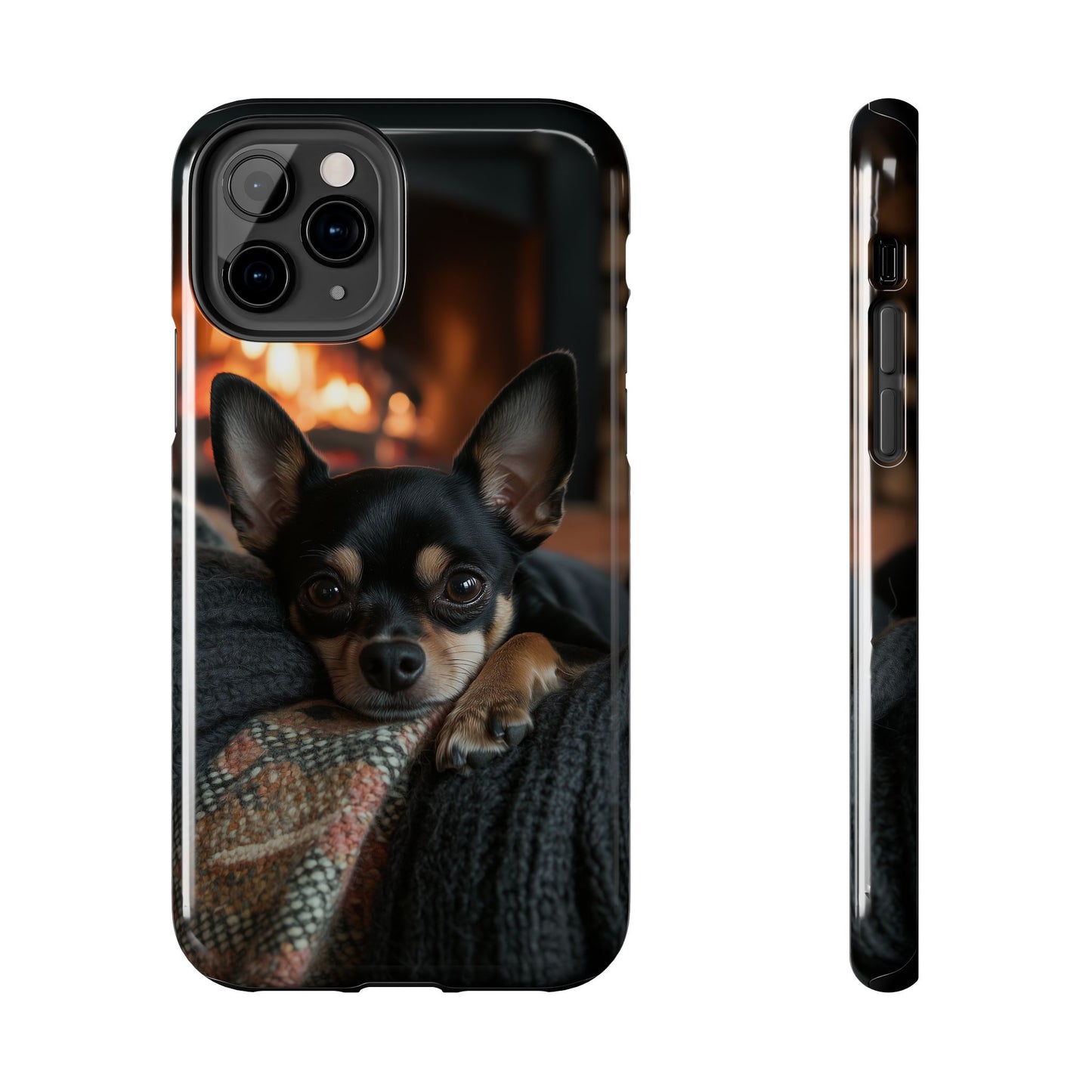 Cozy Chihuahua Fireplace iPhone Case – Warm and Stylish Design