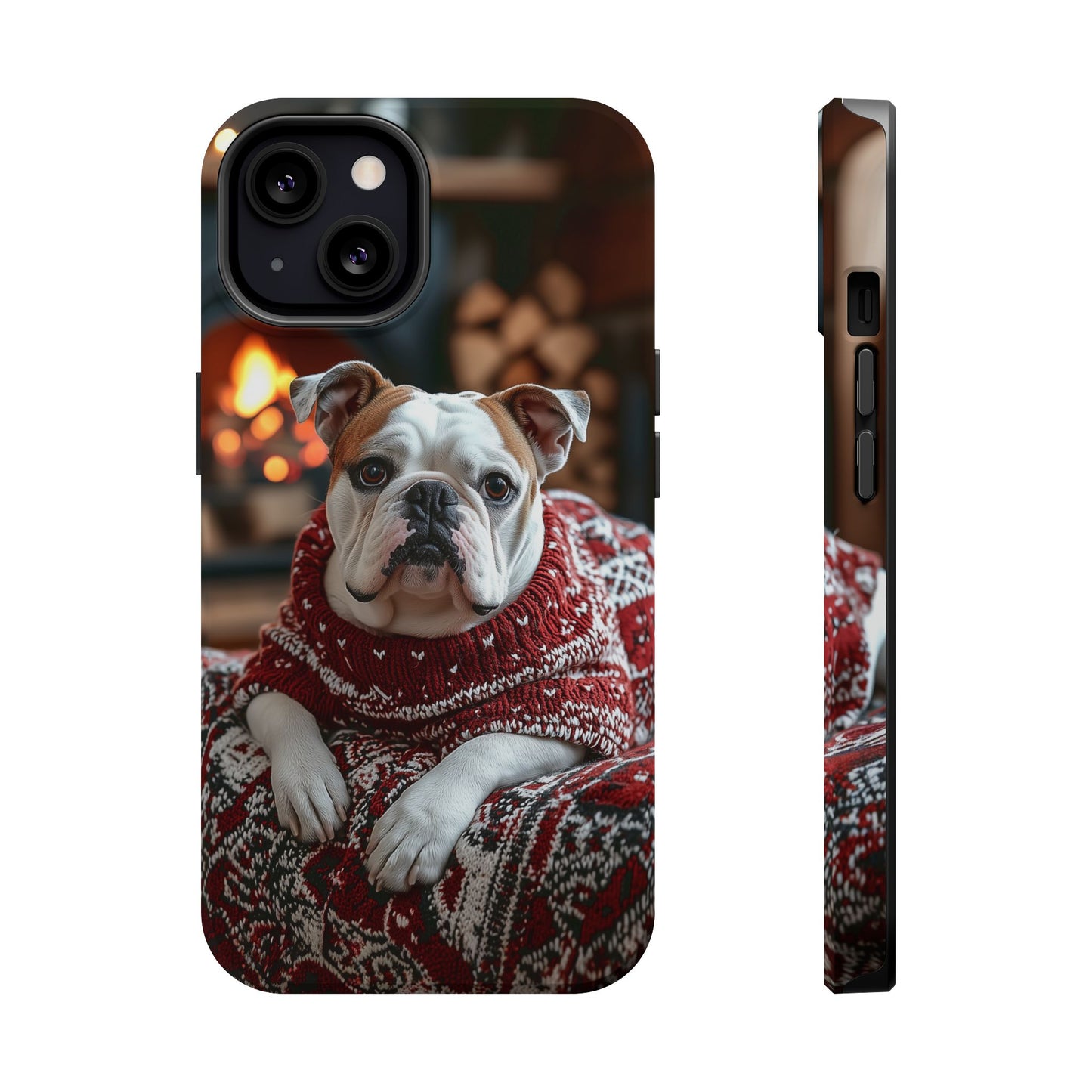 Cozy Bulldog in Sweater MagSafe iPhone Case – Festive Fireplace Protective Cover