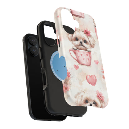 Floral Puppy in Teacup MagSafe iPhone Case – Cute Pink Flower Design, Tough Dual-Layer Protection