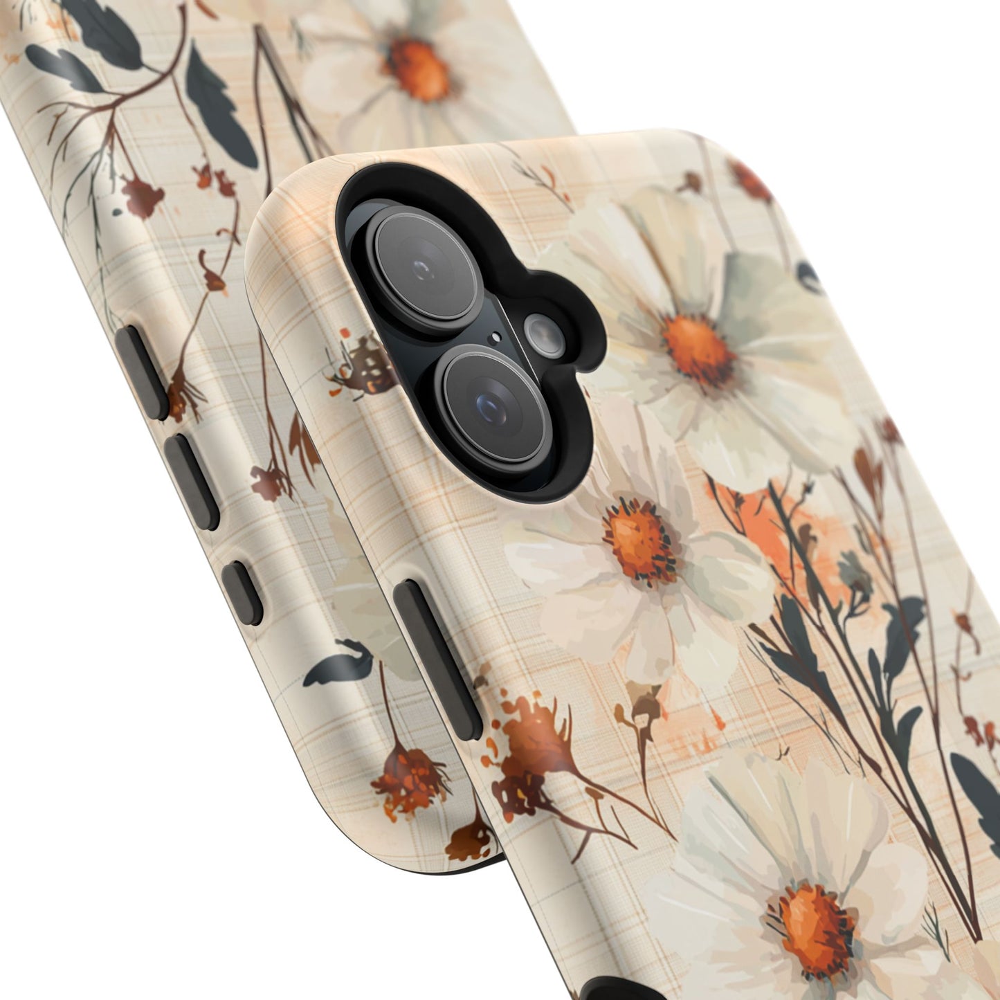 Pastel Orange Floral MagSafe iPhone Case - Elegant Plaid Protective Cover