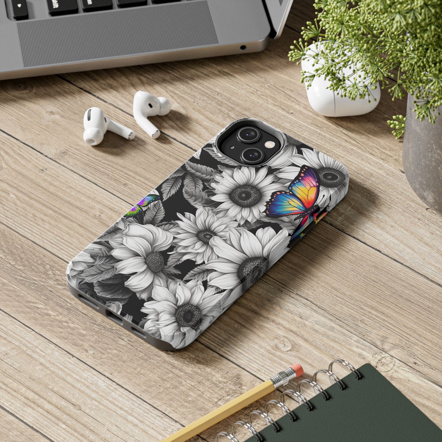 Rainbow Butterflies & Monochrome Sunflowers – iPhone Case