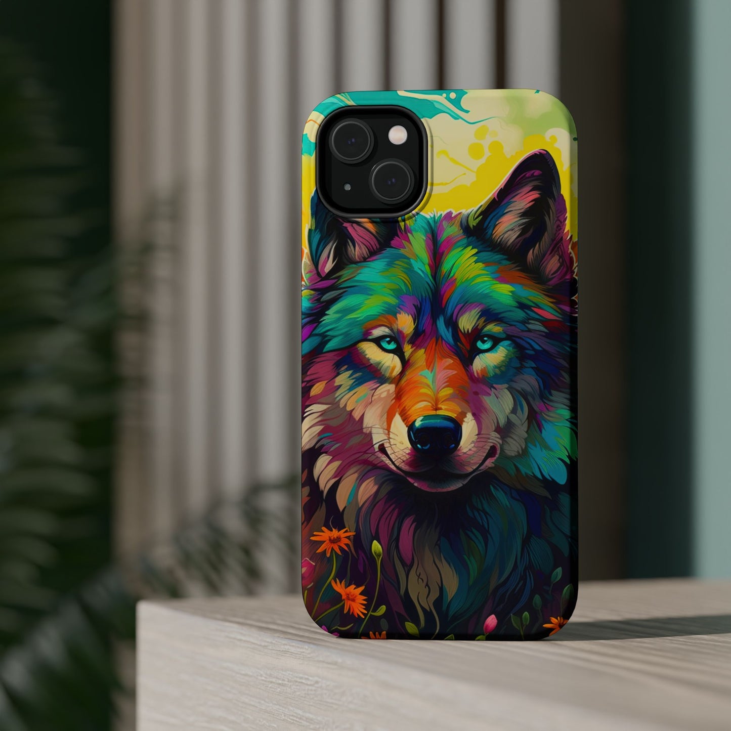 Rainbow Wolf in Bloom – MagSafe iPhone Case with Nature-Inspired Design