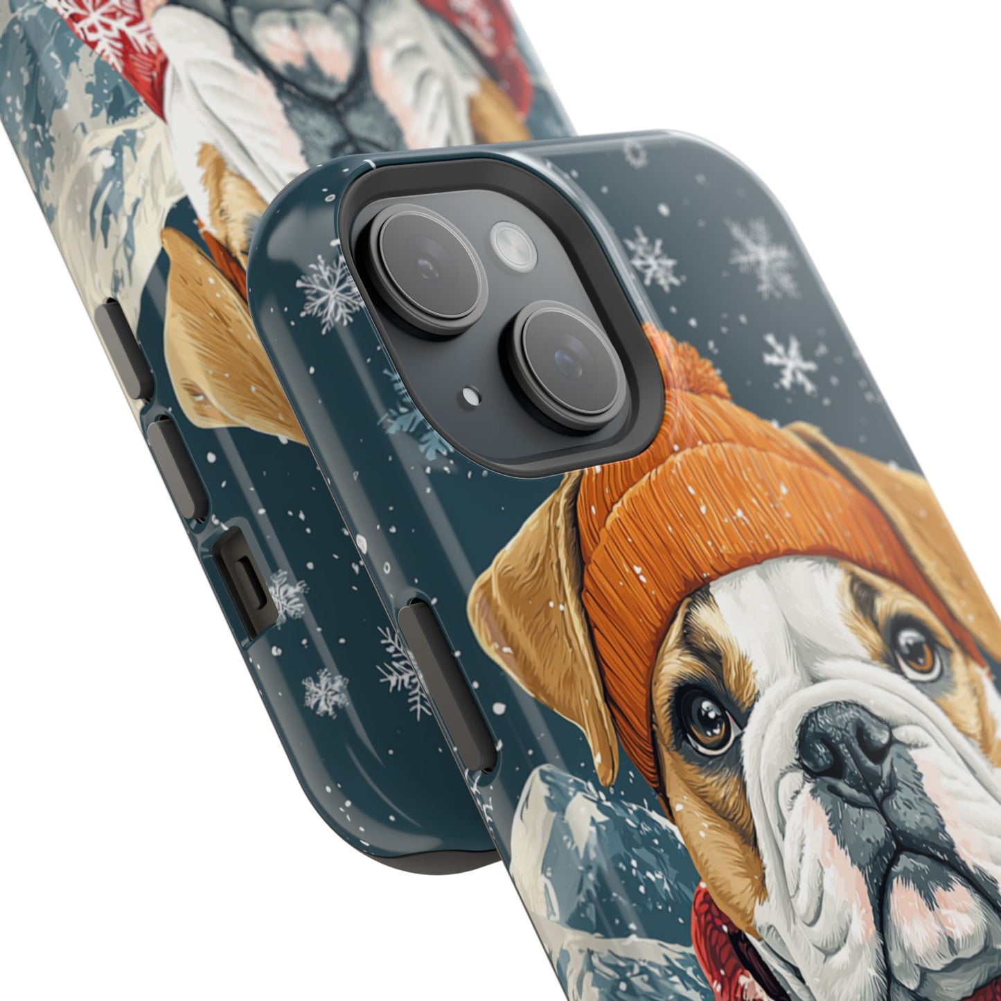 Cozy French Bulldog MagSafe iPhone Case – Rustic Fireplace Protective Cover