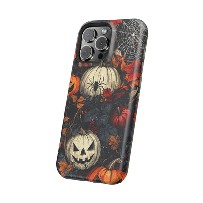 Hauntingly Elegant Halloween MagSafe iPhone Case – Pumpkins, Spiders, and Autumn Leaves Design