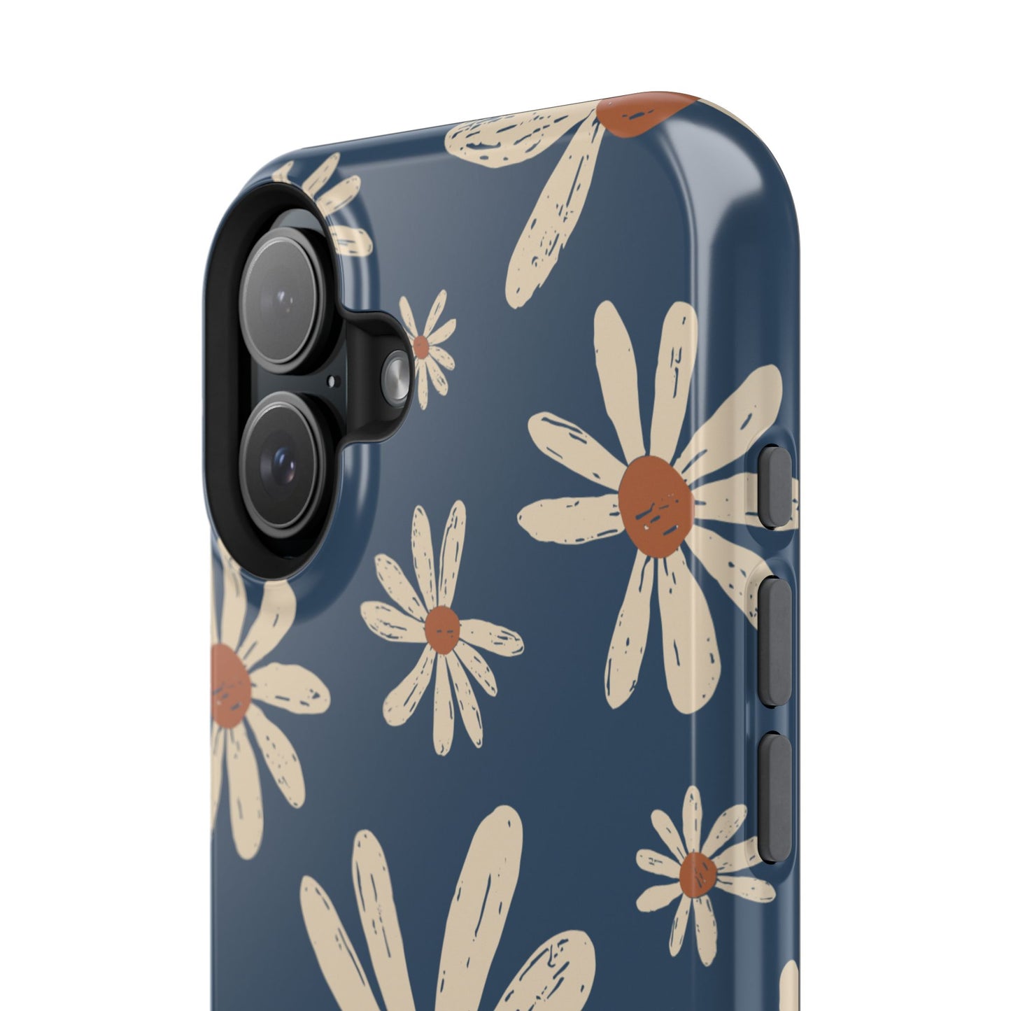 Vintage Daisies MagSafe iPhone Case – Navy Blue Floral Design, Scratch-Resistant with Shock-Absorbing Bumper