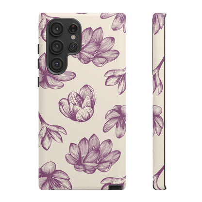 Vintage Botanical Floral Tough Samsung Galaxy Case – Hand - Drawn Purple Flowers, Shockproof Design - BOGO Cases