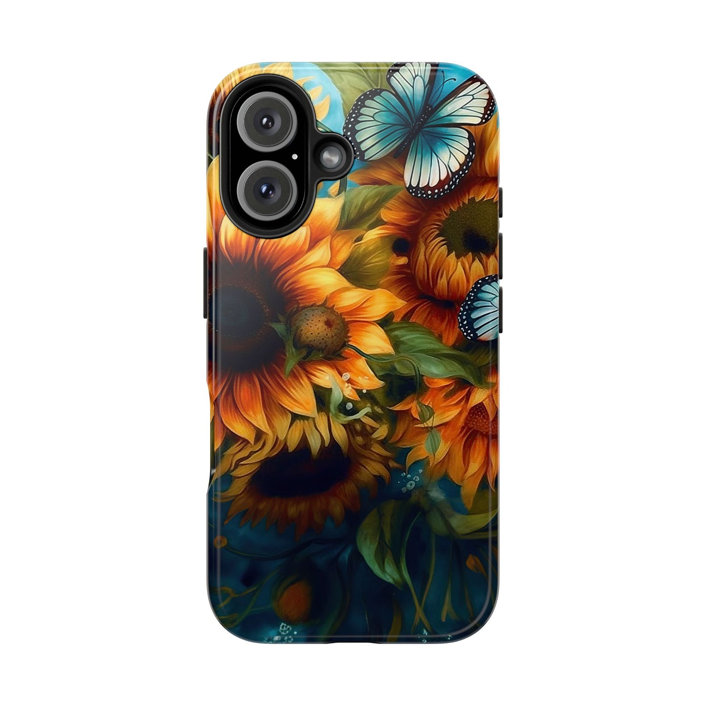 Aqua Blue Butterfly & Sunflower Art – iPhone Case