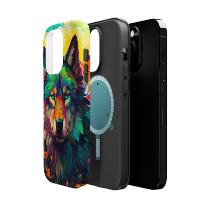 Rainbow Wolf in Bloom – MagSafe iPhone Case with Nature-Inspired Design