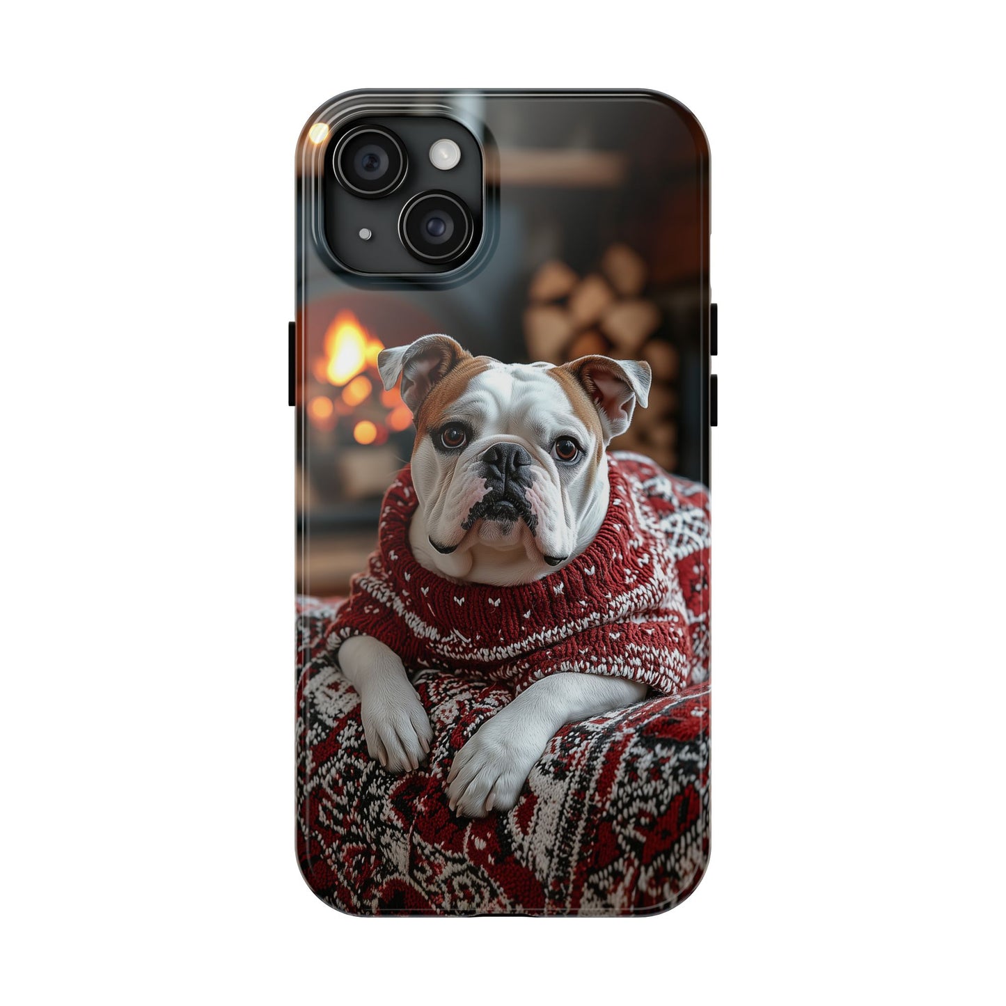 Cozy Bulldog in Sweater iPhone Case – Festive Fireplace Protective Cover