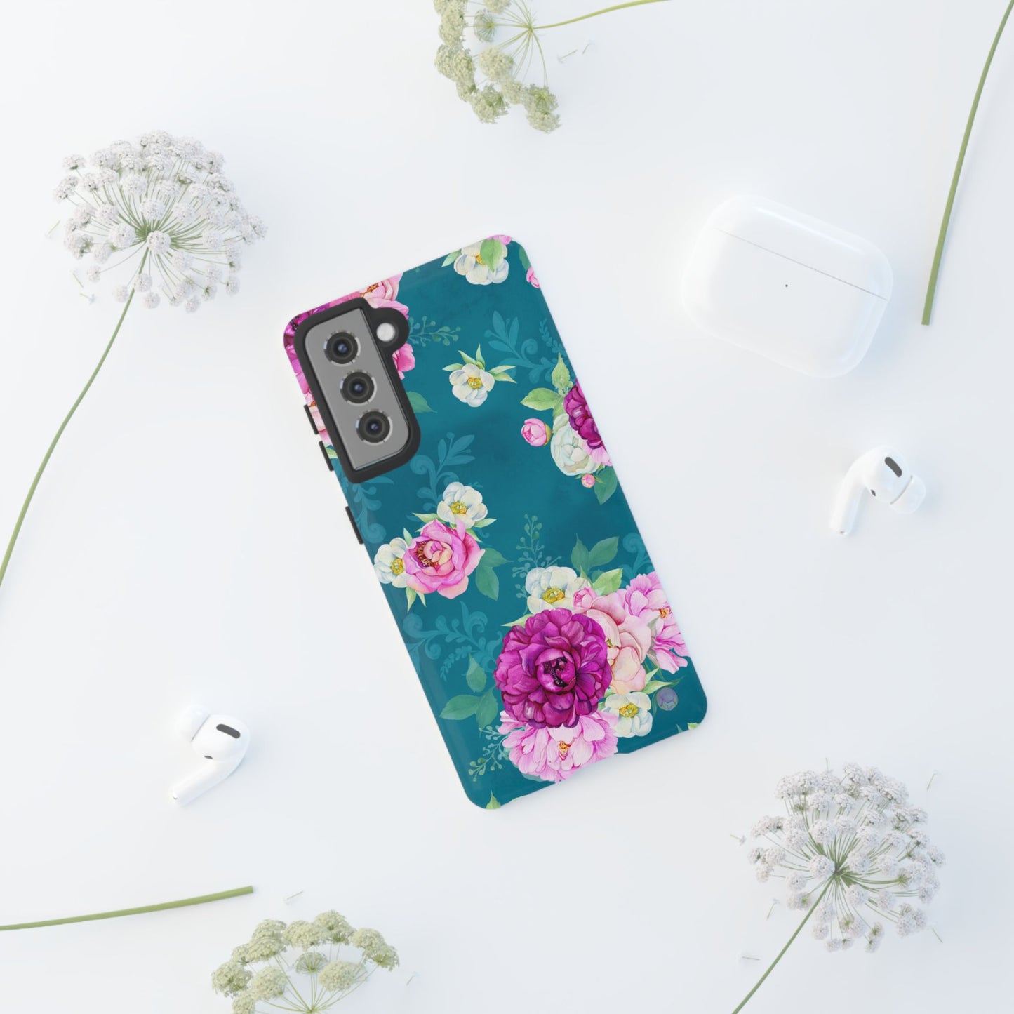 Elegant Peony Bouquet Samsung Galaxy Case – Deep Teal Background with Romantic Floral Design