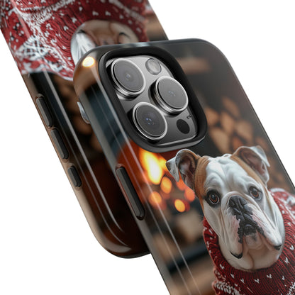 Cozy Bulldog in Sweater iPhone Case – Festive Fireplace Protective Cover