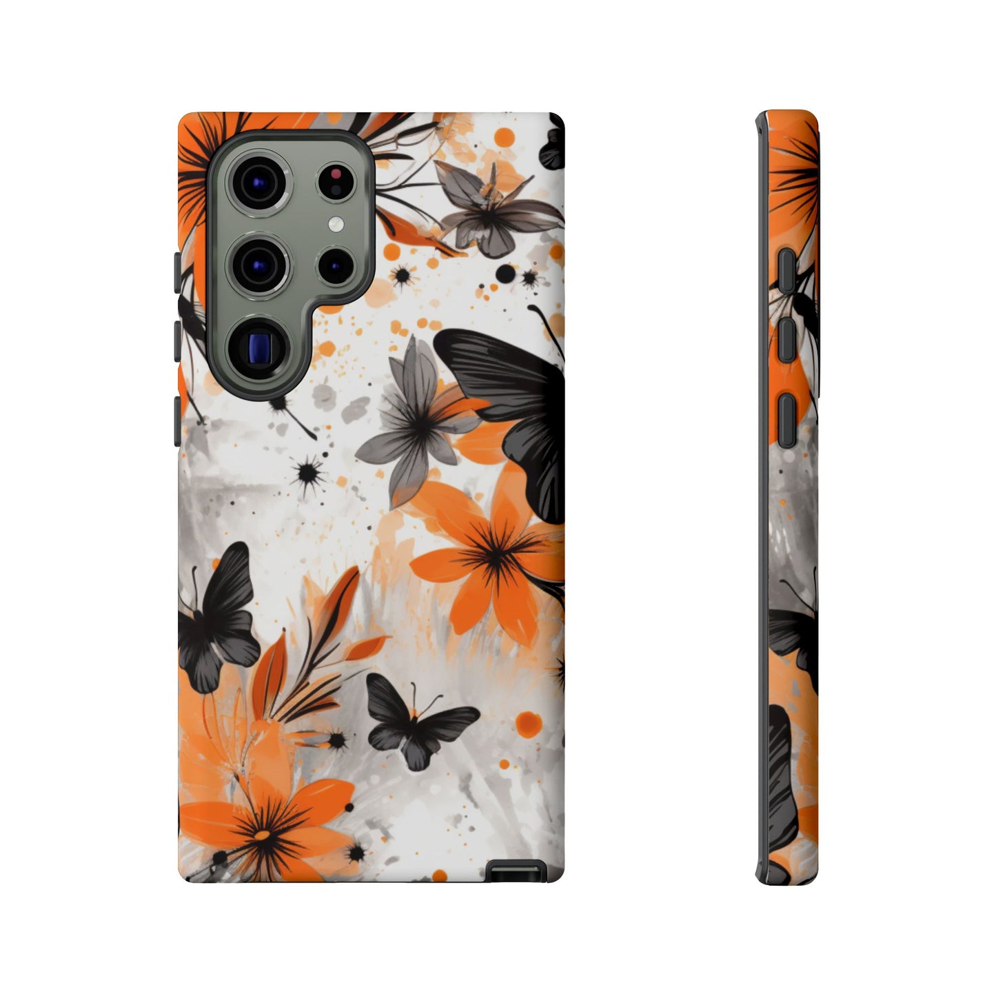 Orange Blossom & Black Butterfly Samsung Galaxy Case – Bold Floral Pattern with Modern Abstract Style
