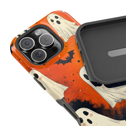 Spooky Ghosts & Bats  MagSafe iPhone Case – Vibrant Orange Halloween Design