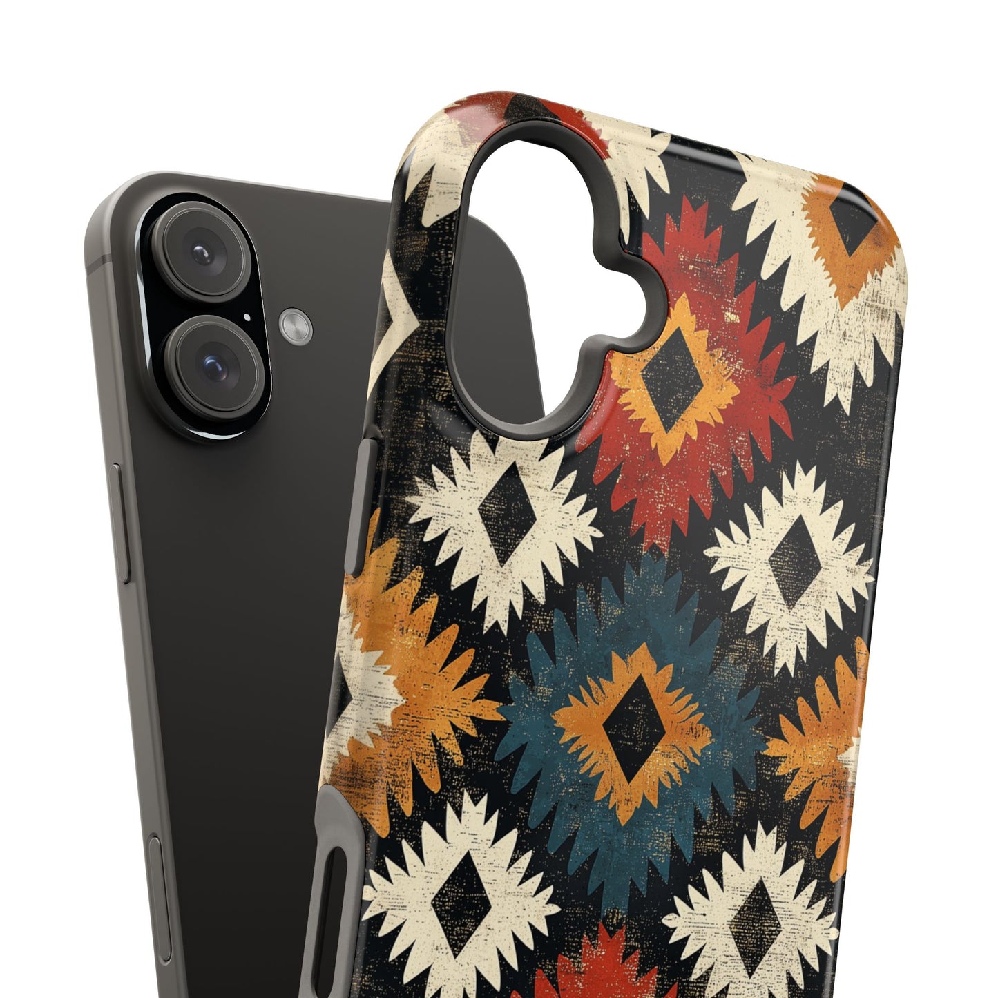 Rustic Tribal Sunburst Tough MagSafe iPhone Case – Vibrant Geometric Design, Dual-Layer Protection