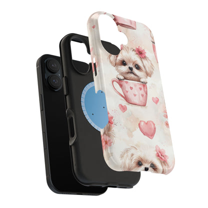 Floral Puppy in Teacup MagSafe iPhone Case – Cute Pink Flower Design, Tough Dual-Layer Protection