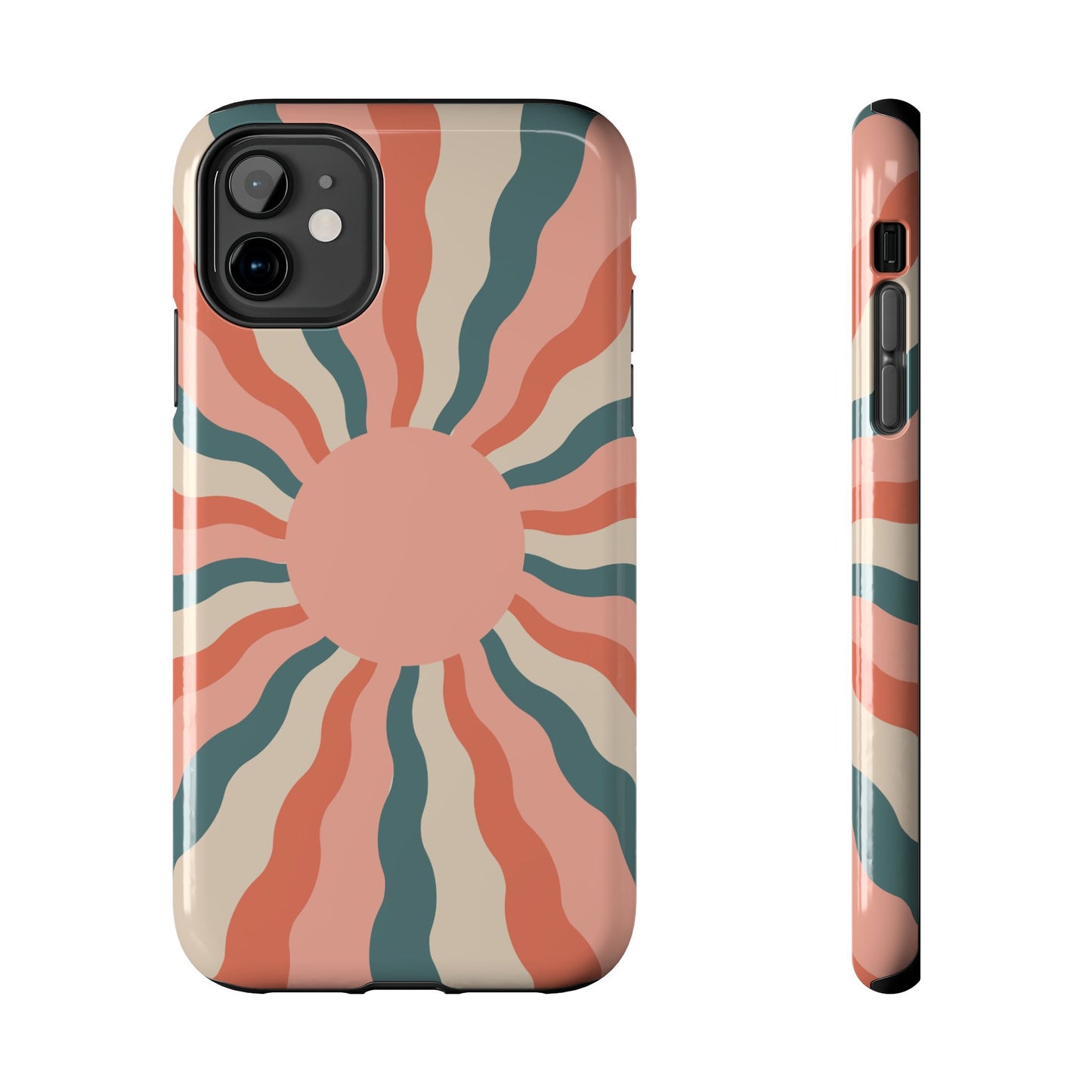 Retro Sunburst iPhone Case – Bold 70s-Inspired Waves in Coral, Teal, and Cream