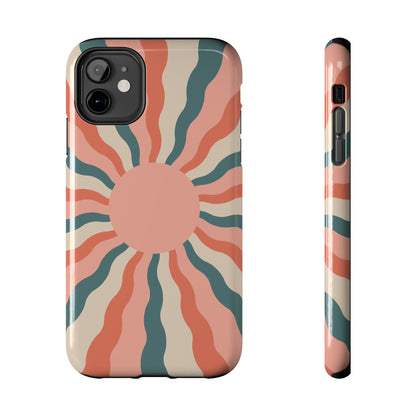 Retro Sunburst iPhone Case – Bold 70s-Inspired Waves in Coral, Teal, and Cream