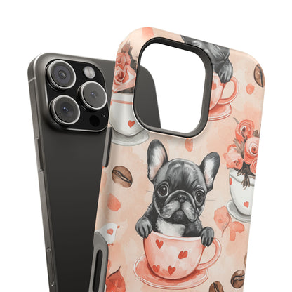 French Bulldogs in Heart Teacups MagSafe iPhone Case – Cute Dog & Floral Design, Shockproof Protection