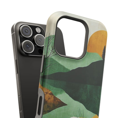 Retro Mountain Sunrise MagSafe iPhone Case – Minimalist Landscape Design, Dual-Layer Protection