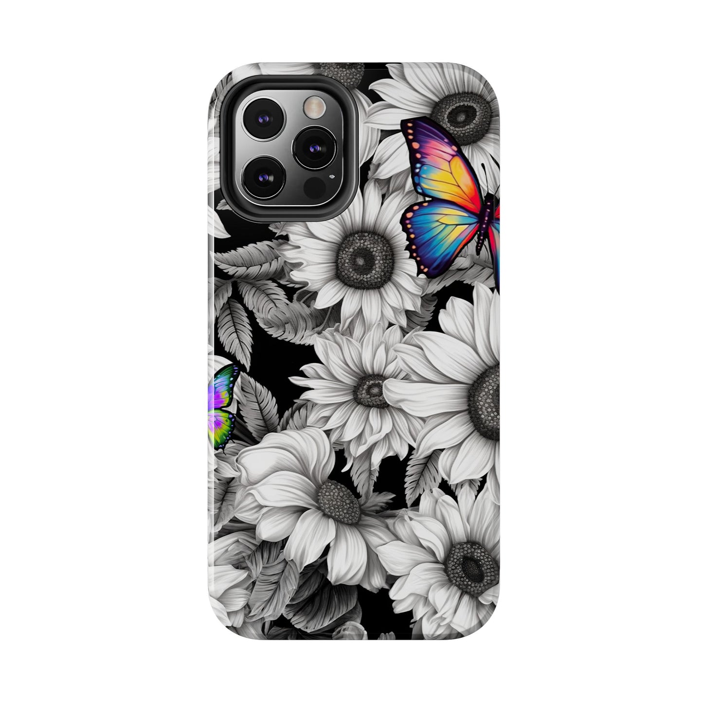 Rainbow Butterflies & Monochrome Sunflowers – iPhone Case