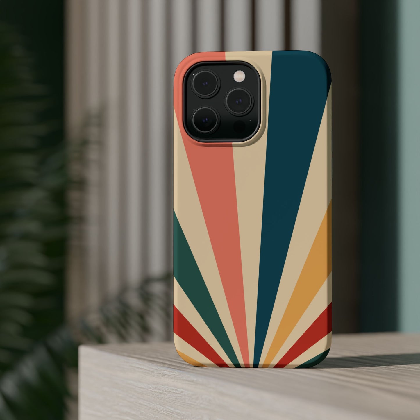 Retro Sunbeam MagSafe iPhone Case – 70s-Inspired Radiating Stripes in Coral, Teal, and Mustard