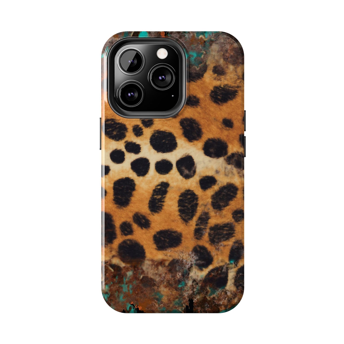 Rustic Leopard Print Tough iPhone Case – Distressed Turquoise and Animal Pattern with Dual-Layer Protection