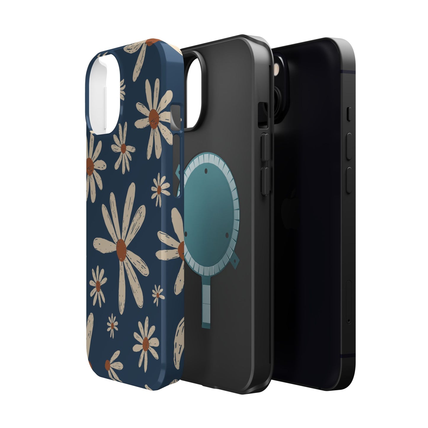 Vintage Daisies MagSafe iPhone Case – Navy Blue Floral Design, Scratch-Resistant with Shock-Absorbing Bumper