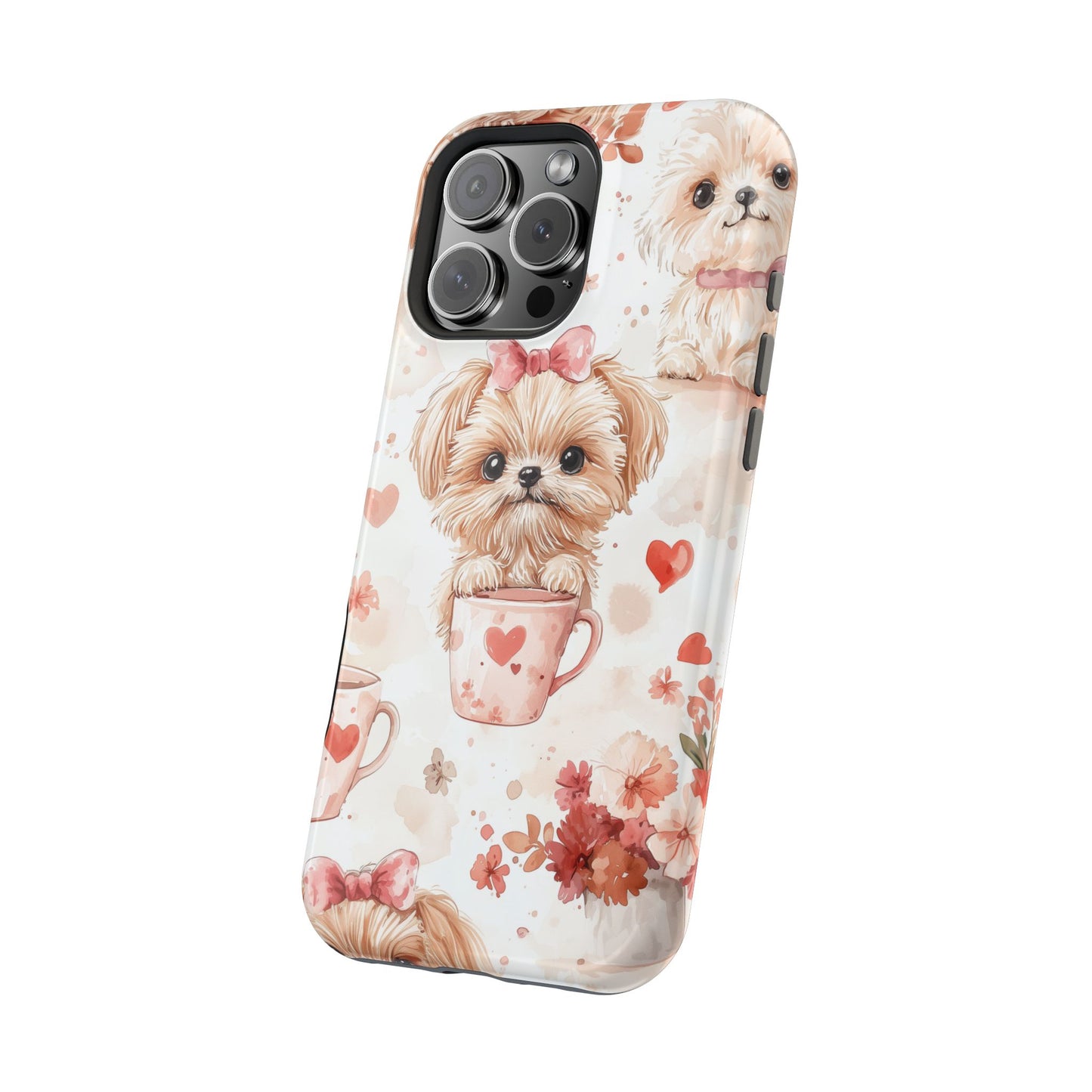 Puppies & Heart Mugs MagSafe iPhone Case – Sweet Dog & Floral Design, Shockproof & Slim