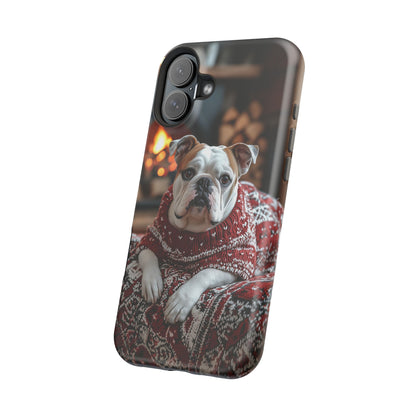 Cozy Bulldog in Sweater MagSafe iPhone Case – Festive Fireplace Protective Cover