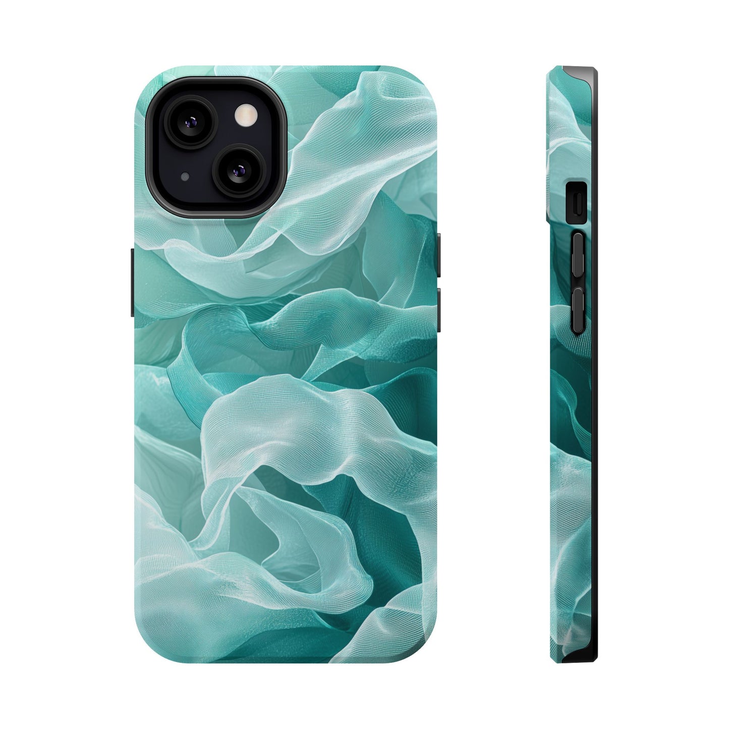 Elegant Flowing Teal Fabric MagSafe iPhone Case – Soft Waves Design