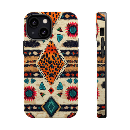 Wild Boho Leopard Print & Floral Tough MagSafe iPhone Case – Eclectic Tribal Design, Dual-Layer Protection