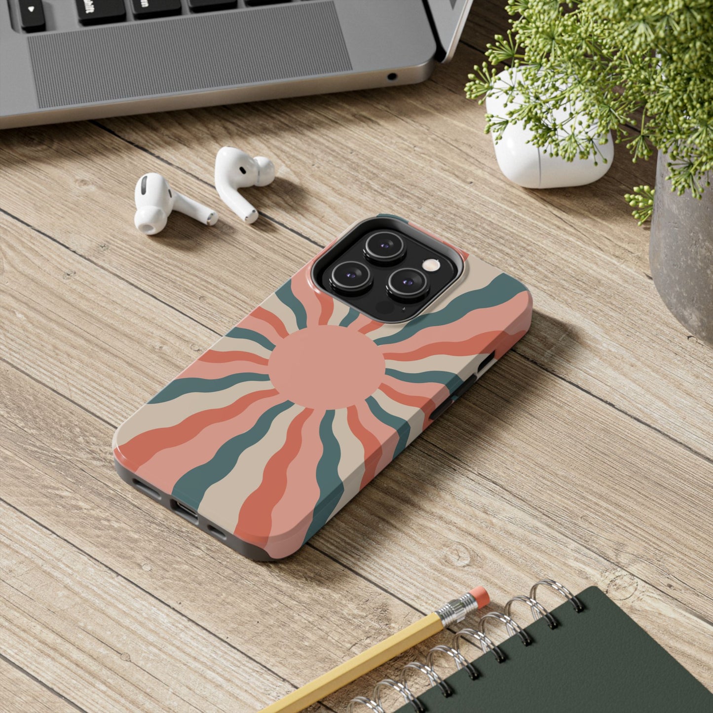 Retro Sunburst iPhone Case – Bold 70s-Inspired Waves in Coral, Teal, and Cream