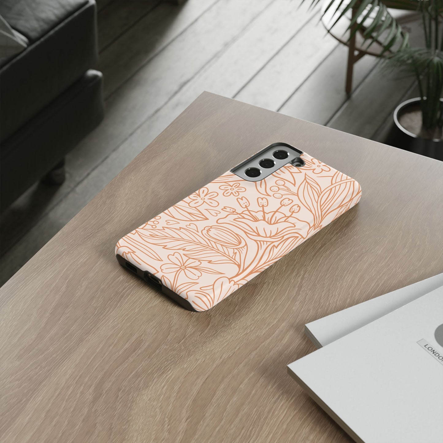 Soft Terracotta Floral Line Art Tough Samsung Galaxy Case – Minimalist Botanical Design with Dual-Layer Protection