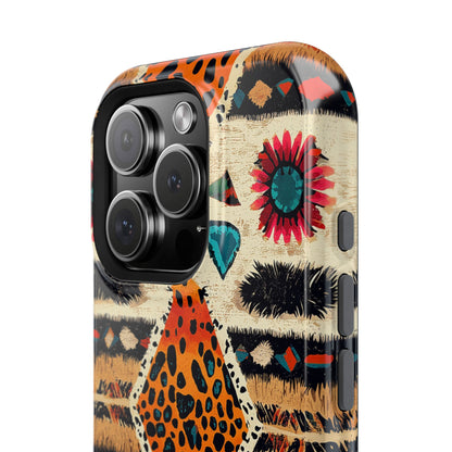 Wild Boho Leopard Print & Floral Tough MagSafe iPhone Case – Eclectic Tribal Design, Dual-Layer Protection