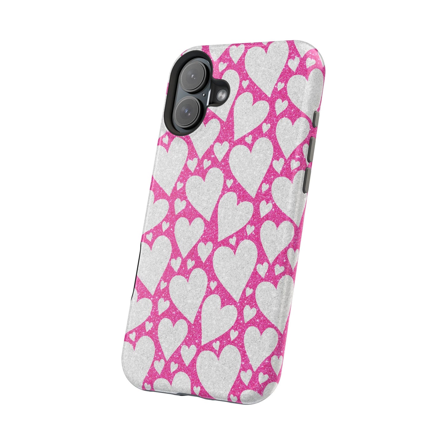 Pink and Silver Glitter Heart Pattern MagSafe Case