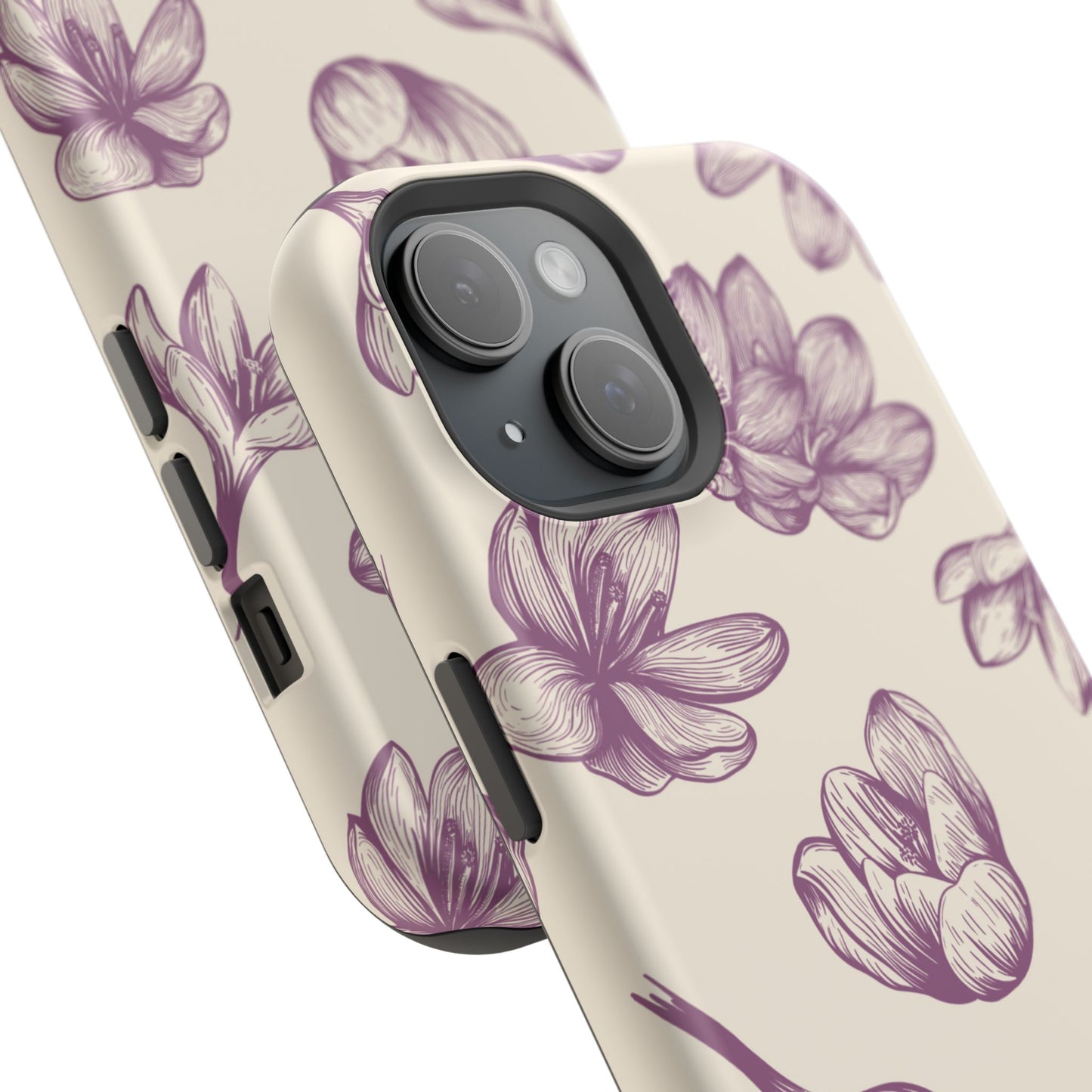 Vintage Botanical Floral Tough MagSafe iPhone Case – Hand-Drawn Purple Flowers, Shockproof Design