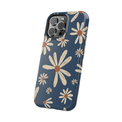 Vintage Daisies MagSafe iPhone Case – Navy Blue Floral Design, Scratch-Resistant with Shock-Absorbing Bumper