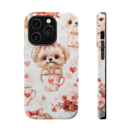 Puppies & Heart Mugs MagSafe iPhone Case – Sweet Dog & Floral Design, Shockproof & Slim