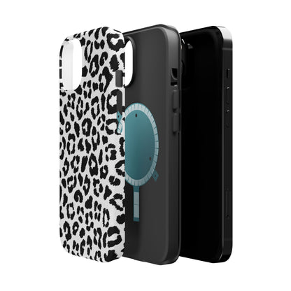 Monochrome Leopard Print Tough MagSafe iPhone Case – Classic Black and White Design with Dual-Layer Protection