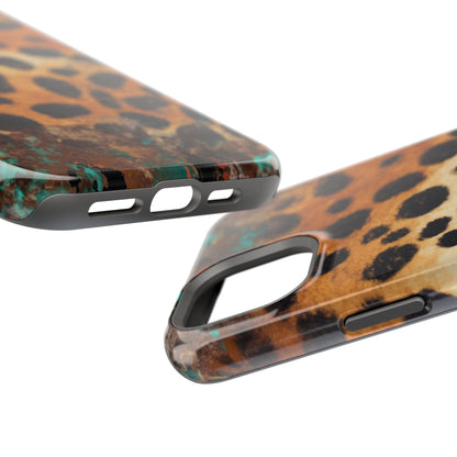 Rustic Leopard Print Tough MagSafe iPhone Case – Distressed Turquoise and Animal Pattern with Dual-Layer Protection