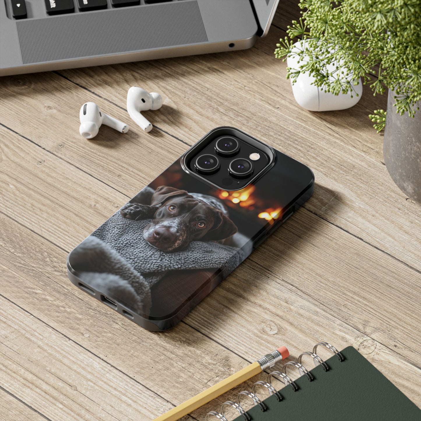 Cozy German Shorthaired Pointer iPhone Case – Rustic Fireplace Protective Cover