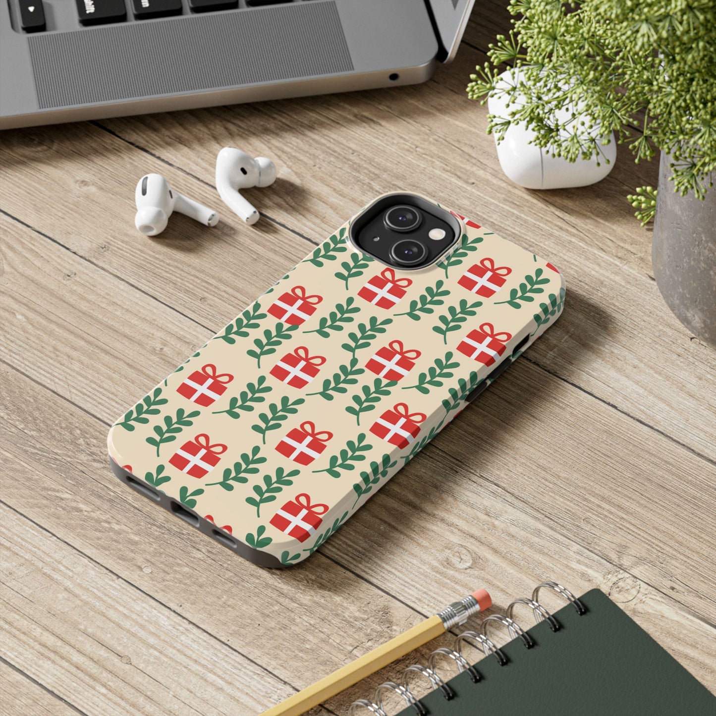 iPhone Case: Holiday Cheer – Red Gifts & Green Leaves