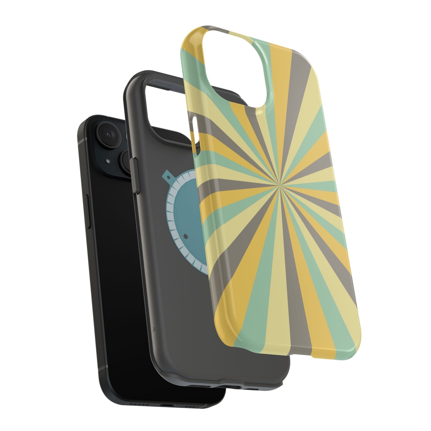 Vintage Sunburst Rays MagSafe iPhone Case – Bold 70s-Inspired Burst in Yellow, Mint, and Gray