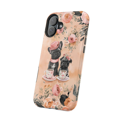 Floral French Bulldogs MagSafe iPhone Case – Elegant Dog Design with Tea Cups & Roses, Shockproof Protection