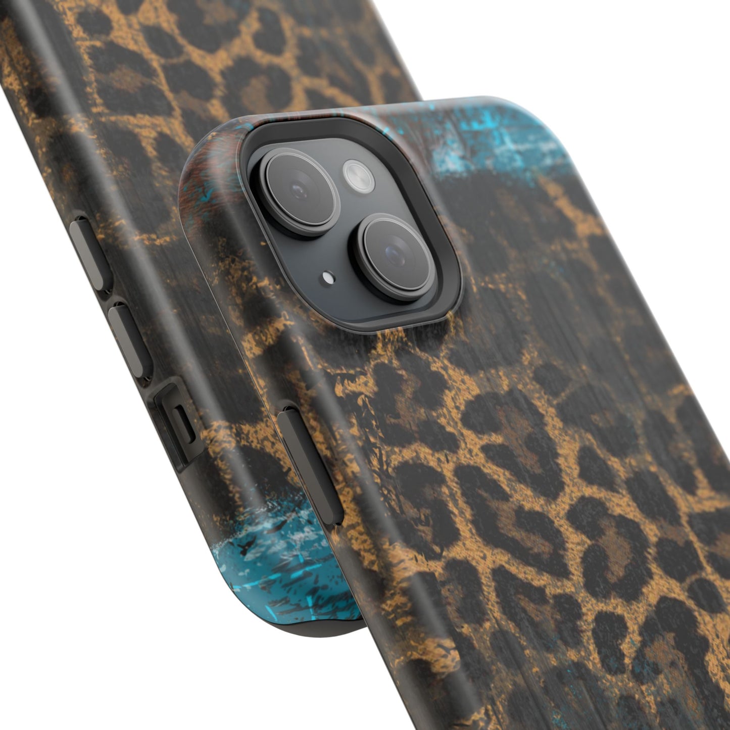 Boho Leopard and Turquoise Tough MagSafe iPhone Case – Rustic Western Design with Dual-Layer Protection