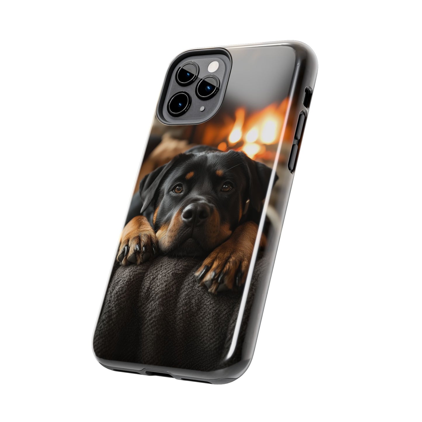 Cozy Rottweiler by the Fireplace iPhone Case – Warm Rustic Design