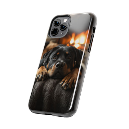 Cozy Rottweiler by the Fireplace iPhone Case – Warm Rustic Design