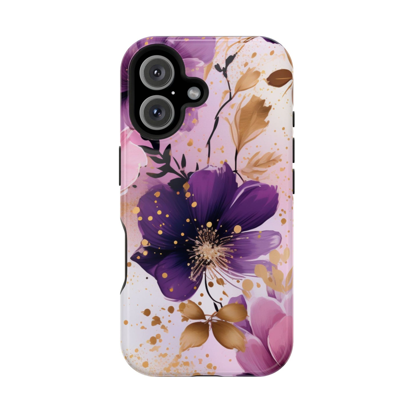 Elegant Purple & Gold Floral MagSafe iPhone Case - Luxe Flower Design