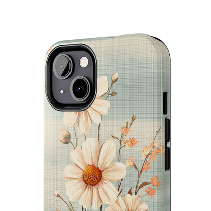 Vintage Plaid & Daisy Floral Tough iPhone Case – Dual-Layer Protection with Retro Flower Design